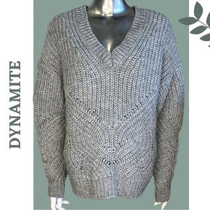Dynamite Oversized Chunky Shaker Knit Grey Sweater V Neck Long Sleeve Sz Small
